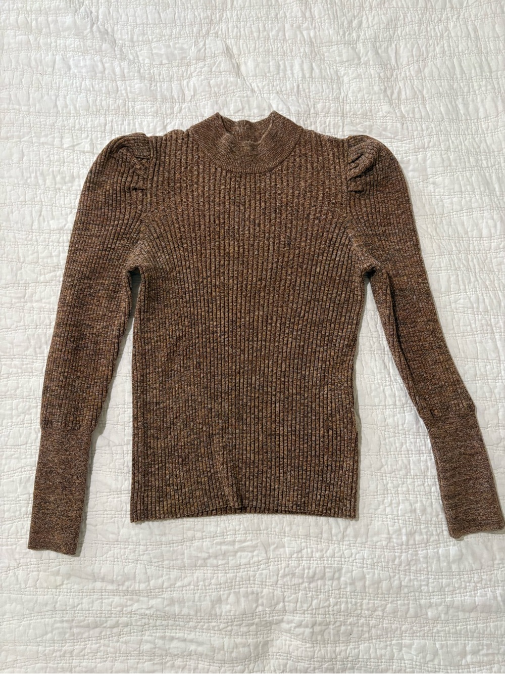 Who What Wear Brown Ribbed Puff-Sleeve Mock Neck Sweater